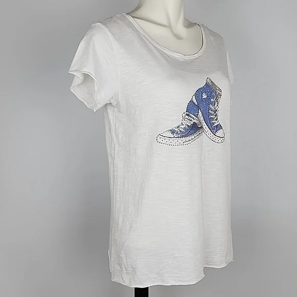For The Republic Women's White Tee Shirt High Top Blue Rhinestone Sneaker Size S - Picture 7 of 15